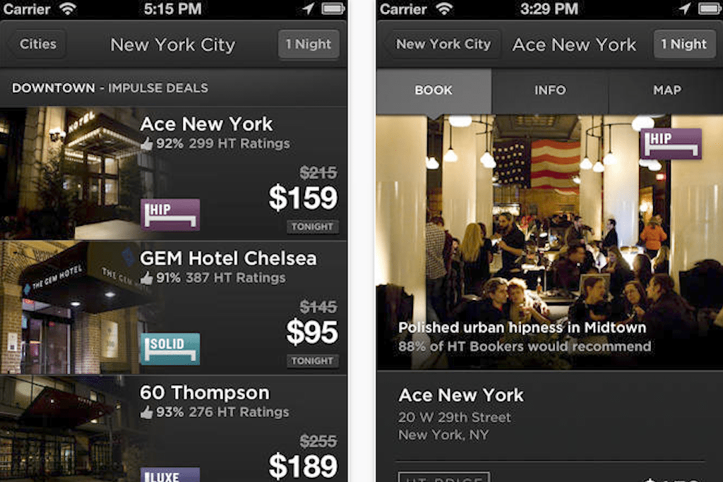 HotelTonight enables travelers to book a handful of hotels in each destination for that night using smartphones or tablets. 