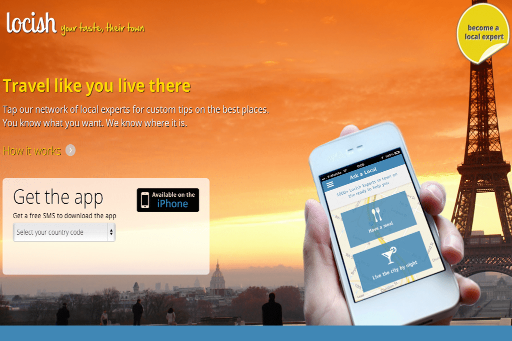 A screen grab of the Locish homepage. The app helps travelers experience a new city like a local by sending users real-time personalized recommendations about what to do and see from people that live there.