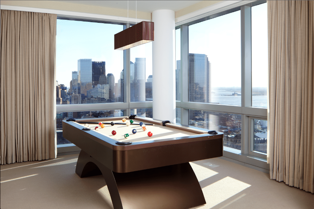 A pool table inside a two-bedroom suite at the Trump Soho in New York City. 