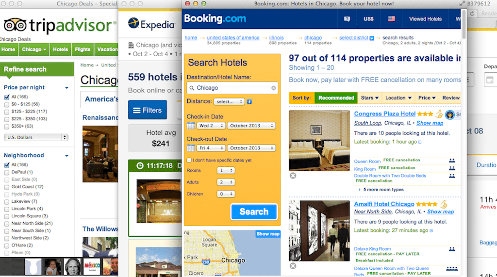 When customers try the "Compare Travelocity" feature on Travelocity.com, the default pre-checked options will fill computer screens as TripAdvisor, Expedia and Booking.com open in separate windows.