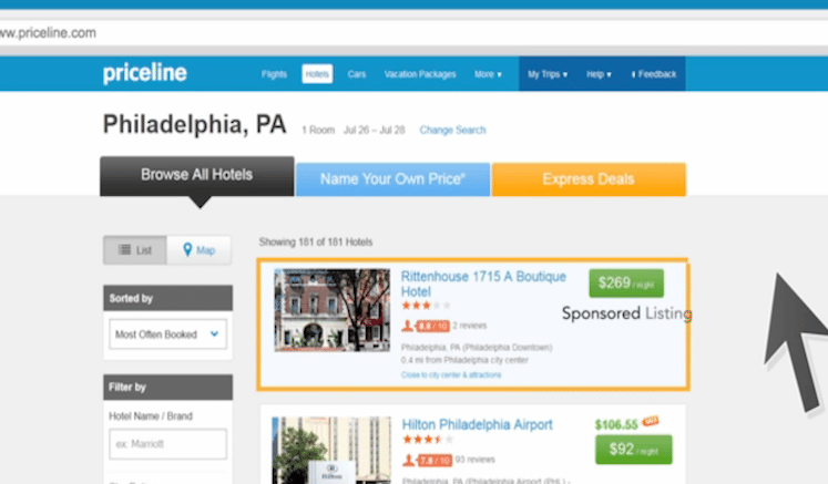 Hotels will pay each time a Priceline user clicks on the sponsored search results promoting them. 