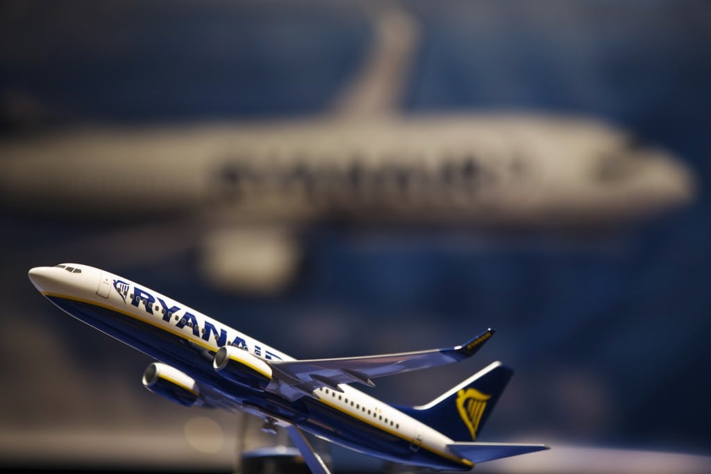 A model airplane rests on a table during an announcement of the commitment for Ryanair to purchase aircraft from Boeing, in New York. 