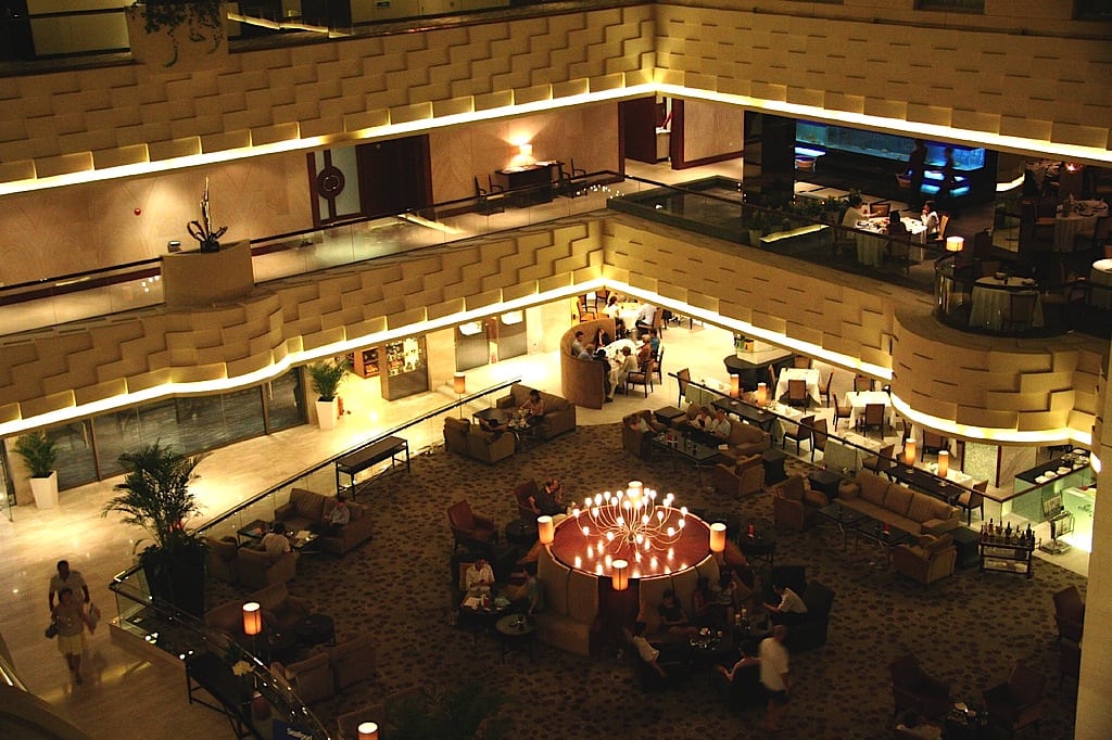 A Beijing hotel lobby at night. 