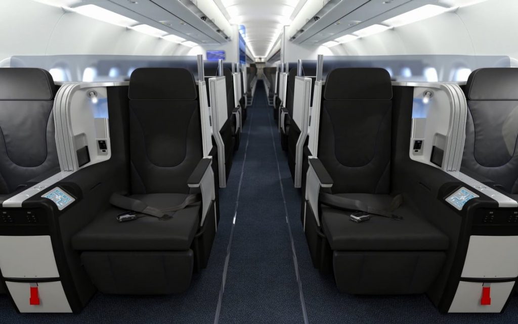 The business class seats in JetBlue's Mint section. Airlines expect business class to shrink as companies examine their carbon footprint. 