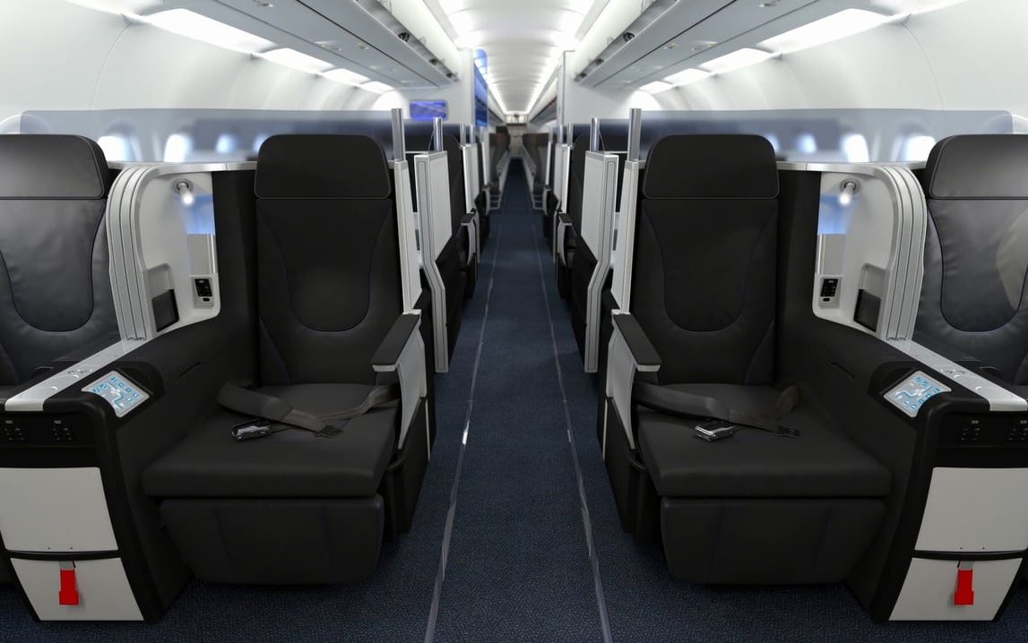 The business class seats in JetBlue's Mint section. Airlines expect business class to shrink as companies examine their carbon footprint. 