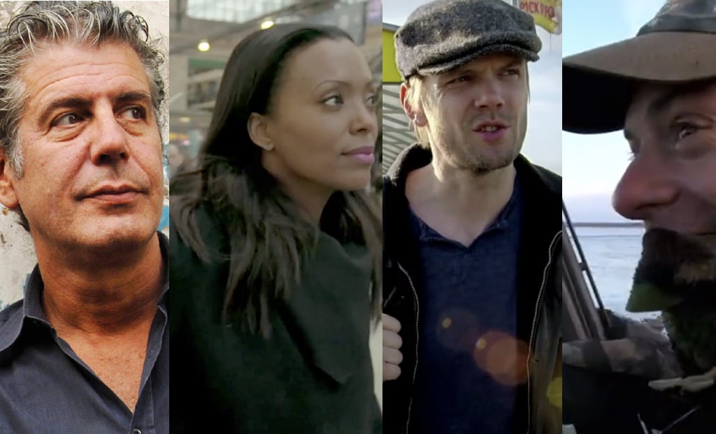 From left, Anthony Bourdain on "Parts Unknown," Aisha Tyler and Joel McHale on "The Getaway, and Steven Rinella on "The MeatEater."