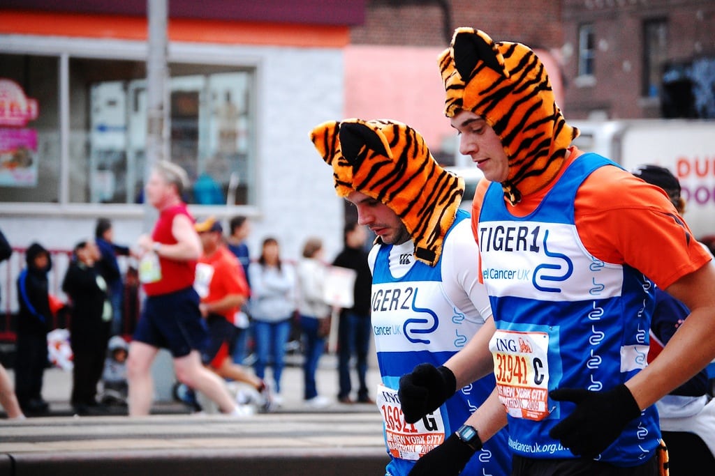Two British runners participate int he New York City Marathon in November 2009. 