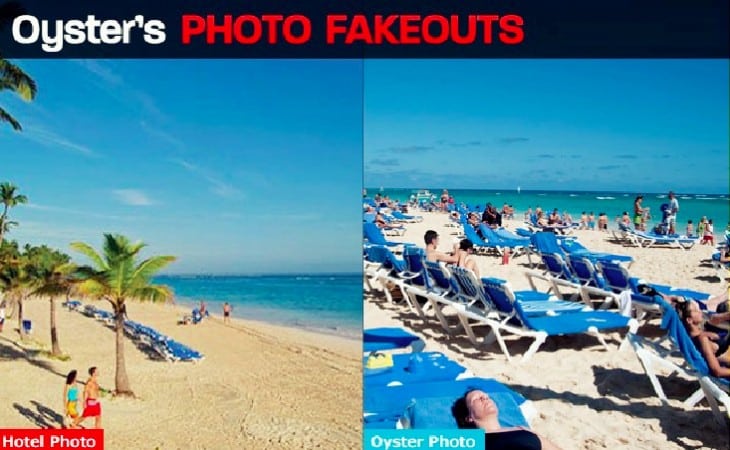 The photos, part of the Oyster photo takeout series, contrasts Gran Bahia Principe Punta Cana's pristine photo of its idyllic beach with a more realistic photo from Oyster.
