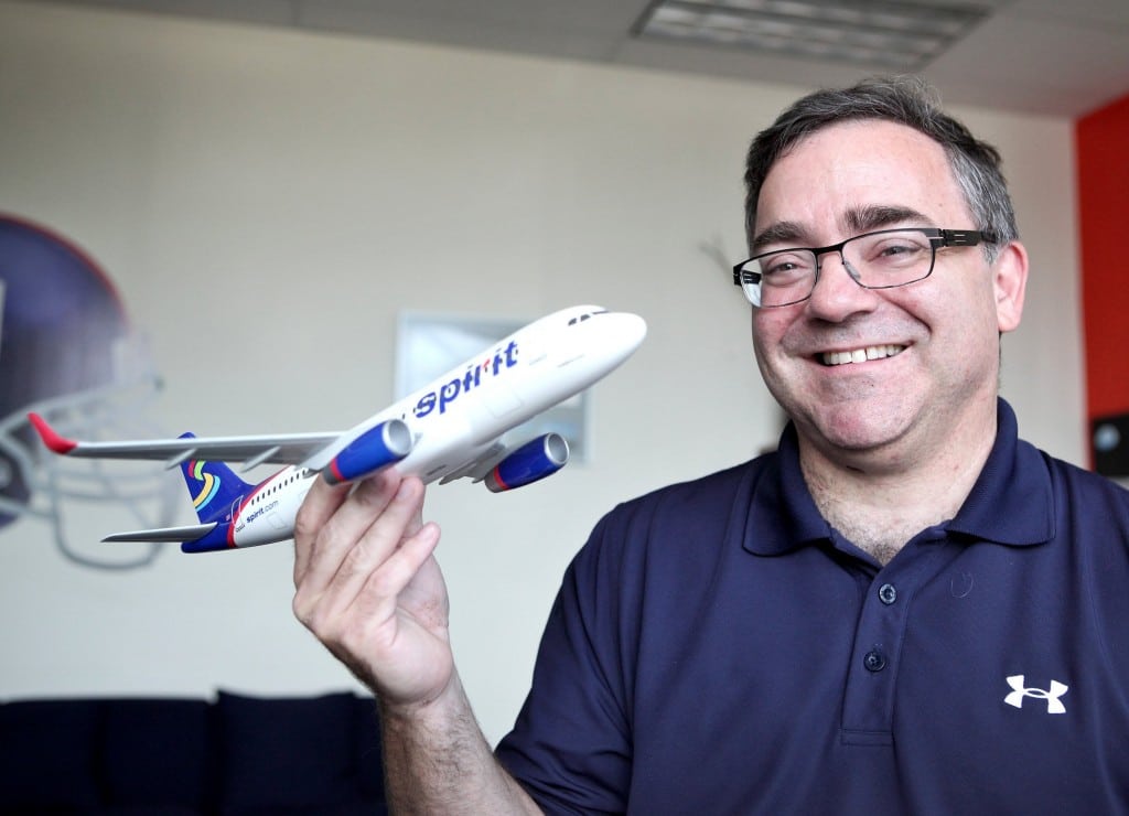 Spirit Airlines CEO Ben Baldanza holds a plane model at his office in Miramar, Florida, Wednesday. 