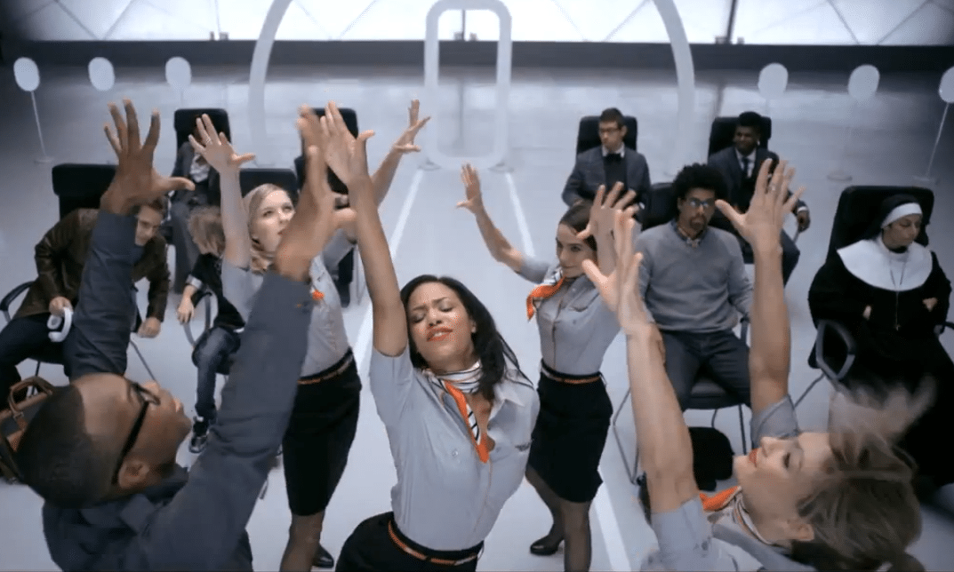 The Virgin America dancers in the airline's in-flight safety video. 