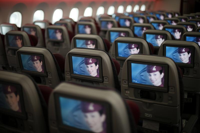 A picture shows the economy class section of an Airbus A380 passenger plane of Qatar Airways at the ILA International Air Show in Schoenefeld outside Berlin, June 8, 2010. 