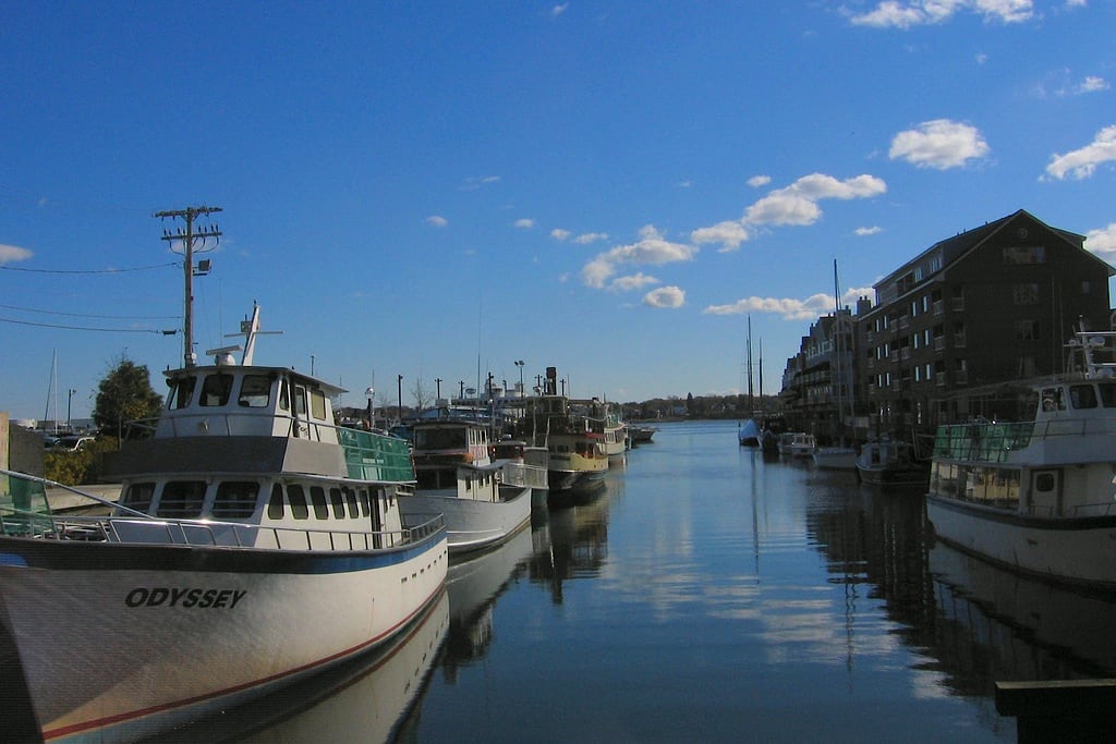 Boats line up on the water in Portland, Maine. 
