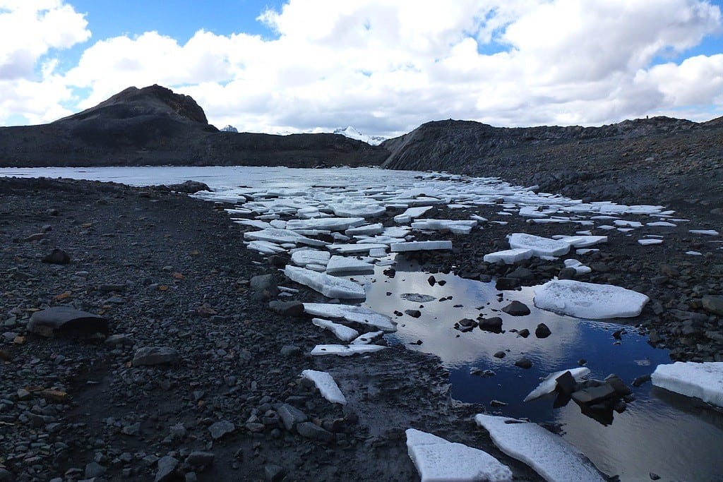 Broken ice leads the way to the Pastoruri glacier in central Peru. 
