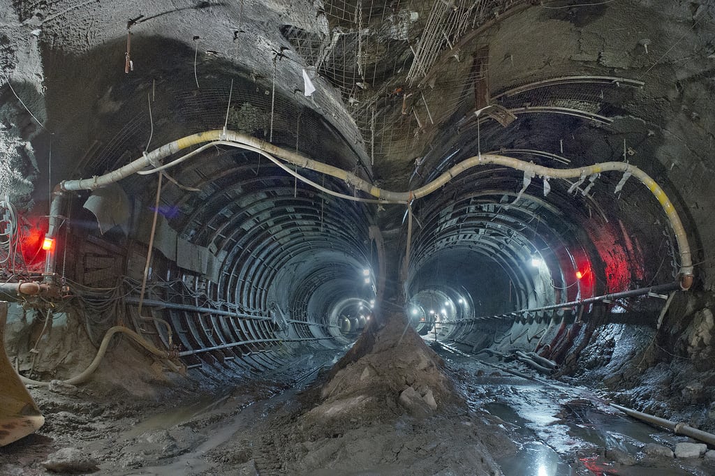 This photo shows work on tunnels leading into caverns underneath Grand Central Terminal that will house a future concourse for arriving and departing Long Island Rail Road trains. 