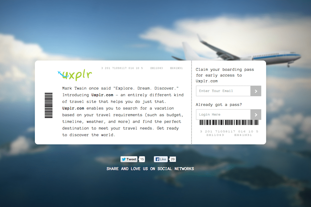  The landing page of startup Uxplr, an online travel website that lets people search vacation destination based on certain preferences and requirements.