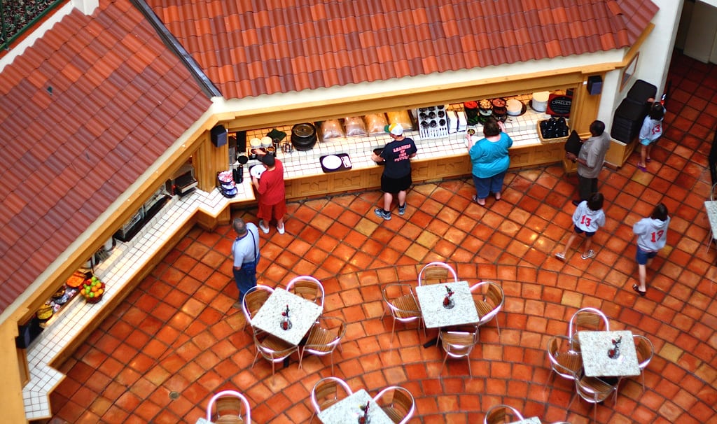 A view of the breakfast buffet from the 7th floor of the Embassy Suites Hotel in Schaumburg, IL. 