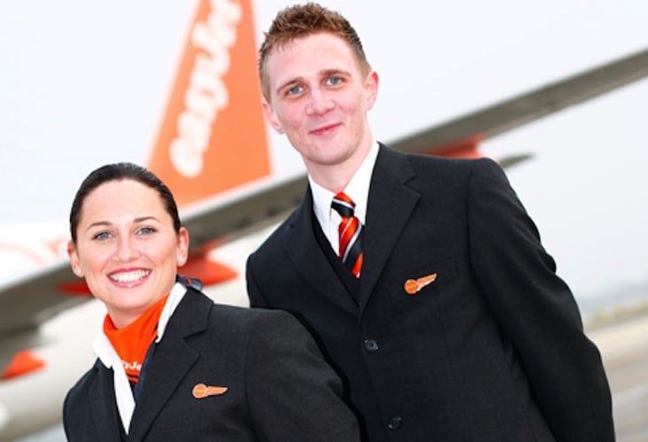 These easyJet crew members appear to be very happy, but the airline's French pilots are angry over not getting their share of the spoils.