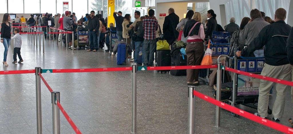 The long line for a Swiss ticket counter at Zürich airport.