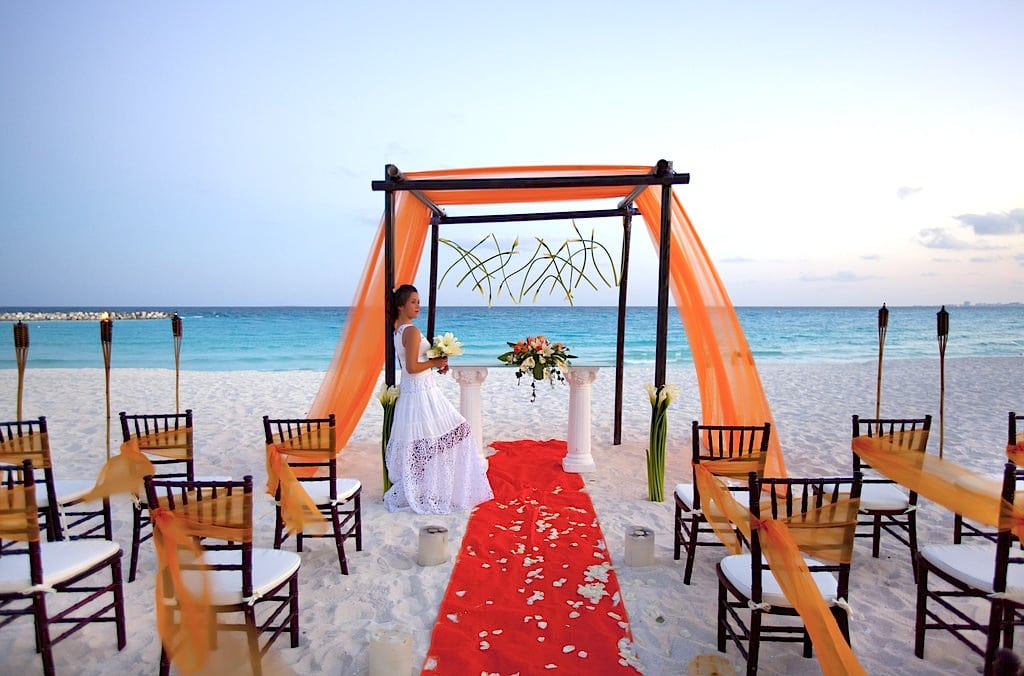 A wedding ceremony on the beach at a Krystal Timeshare in Cancun, Mexico. 
