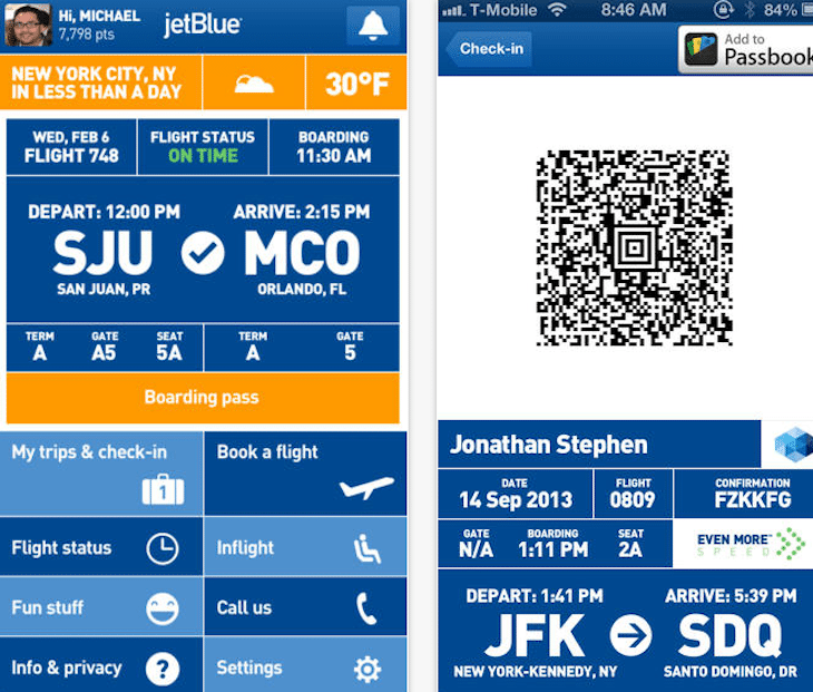 In JetBlue's updated iPhone app, passengers can choose to add their mobile boarding passes to Apple Passbook for convenient display at the airport.