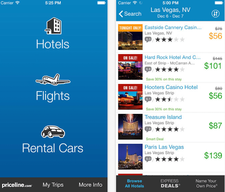 Priceline optimized its iPhone app for iOS 7, emphasizing Express Deals. Name Your Own Price bidding is still very much part of the mix, but playing a secondary role. 