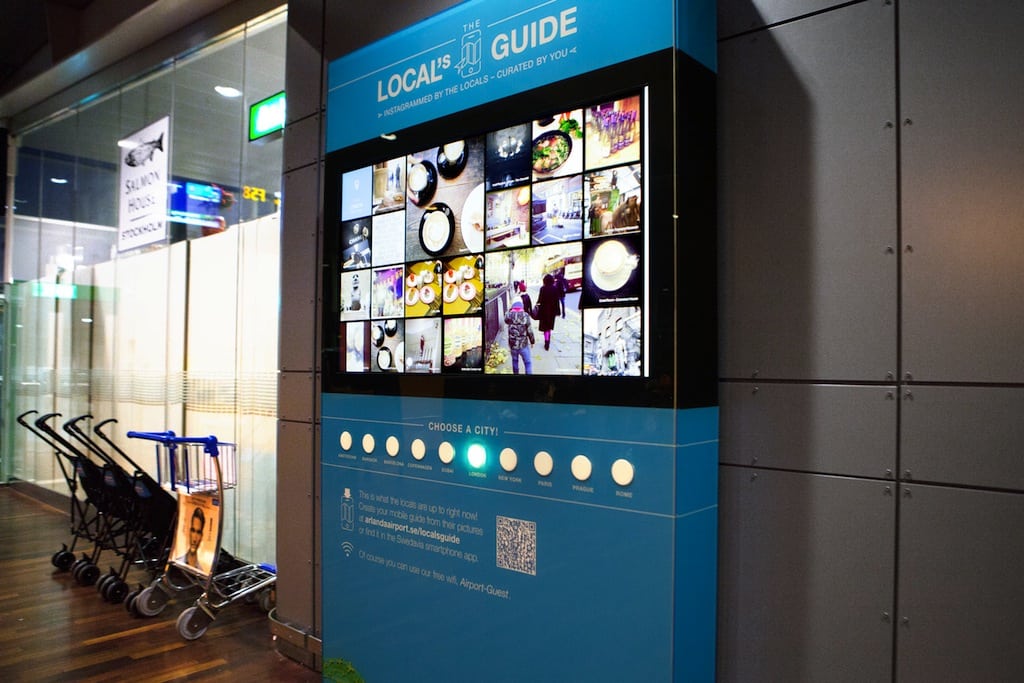 Stockholm Arlanda Airport also has interactive installations at airport gates where travelers can see what's going in the city that they're about to travel to. 