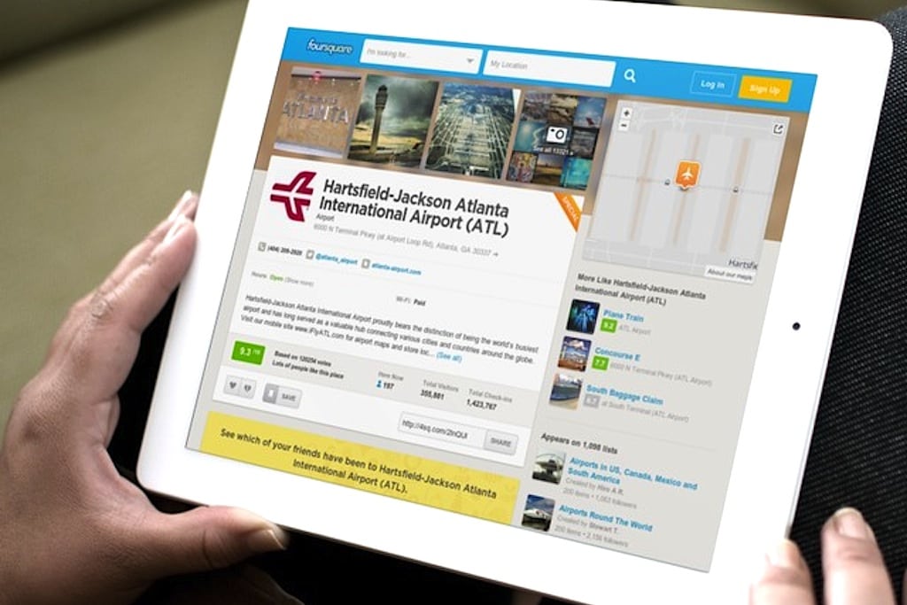 The Foursquare page for Atlanta-Hartsfield Airport on an iPad.