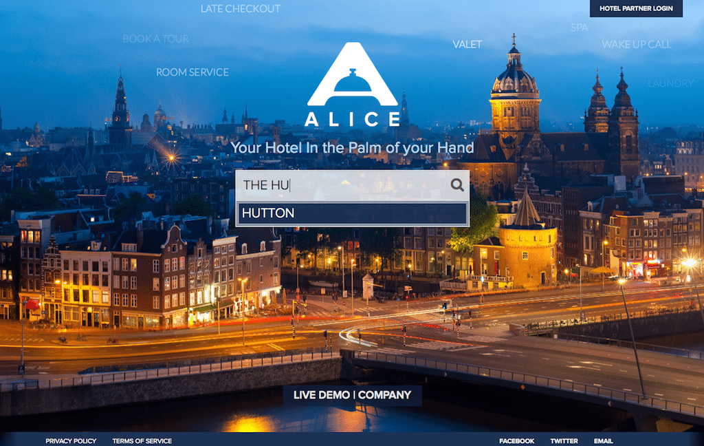The homepage for Alice, an app that lets hotel guests use their mobile phone to connect with concierges. 