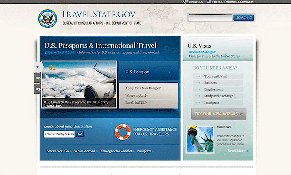 The new homepage of the U.S. Bureau of Consular Affairs.