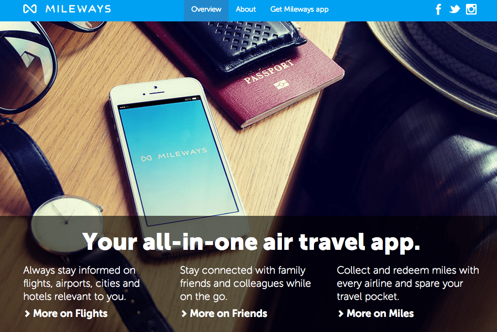 Mileways is an air travel app that stores information on future flights, alerts users to changes in flight departures, tracks mileage points across airlines, and allows users to follow friends' trips. 