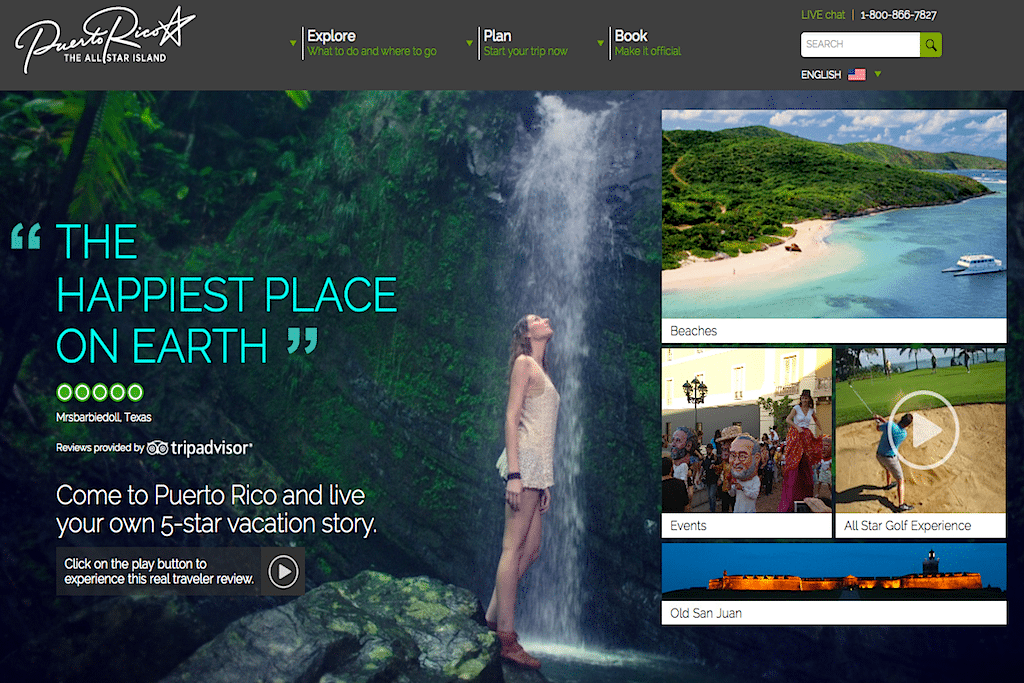 The homepage of Puerto Rico's tourism website prominently features TripAdvisor reviews. 