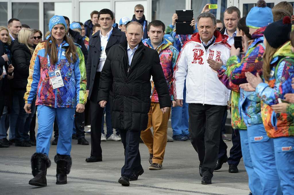  (From L to R) Olympic Village Mayor Elena Isinbaeva, Russian President Vladimir Putin and Russian Minister of Sport, Tourism and Youth policy Vitaly Mutko visit the Coastal Cluster Olympic Village ahead of the Sochi 2014 Winter Olympics at the Athletes Village in Sochi February 5, 2014. 
