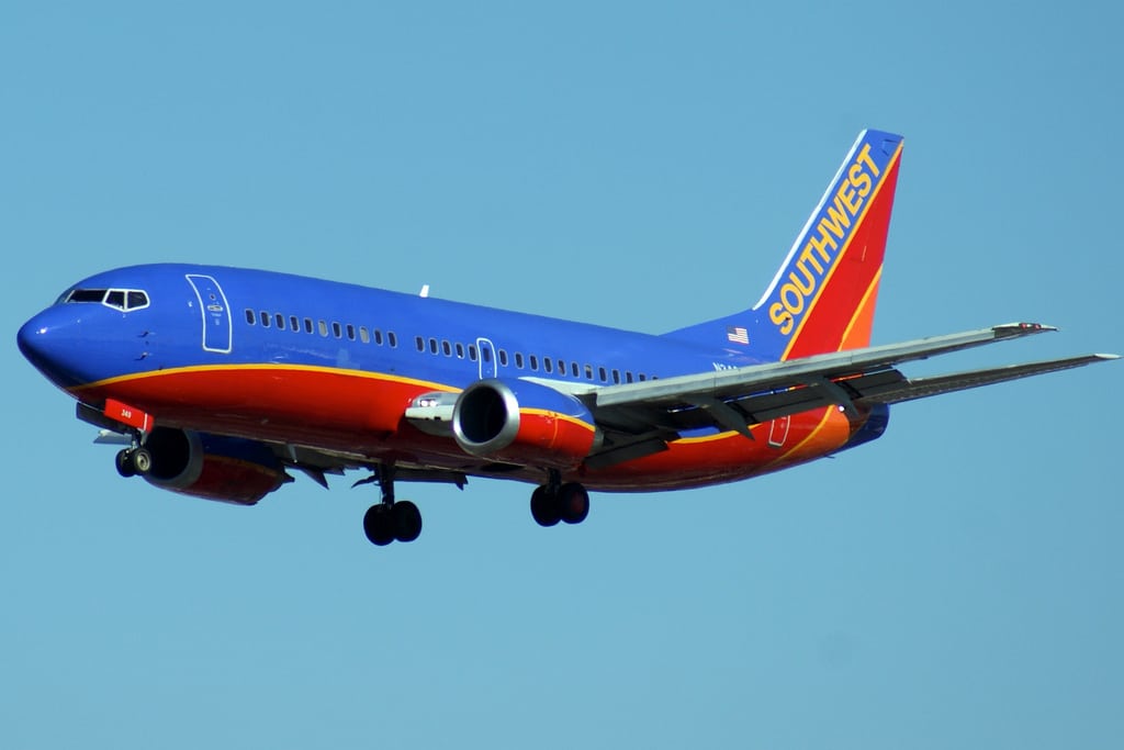 Southwest jet readies for landing at San Diego International Airport.