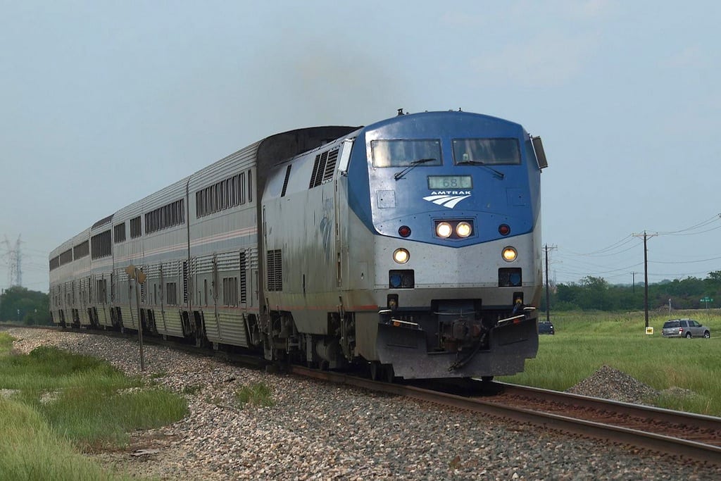Amtrak's Texas Eagle train heads south near Crowley, Texas.