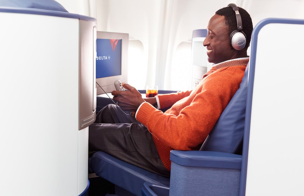 Business Elite customers on Delta 747s are hooked up with in-flight entertainment and Wi-Fi.