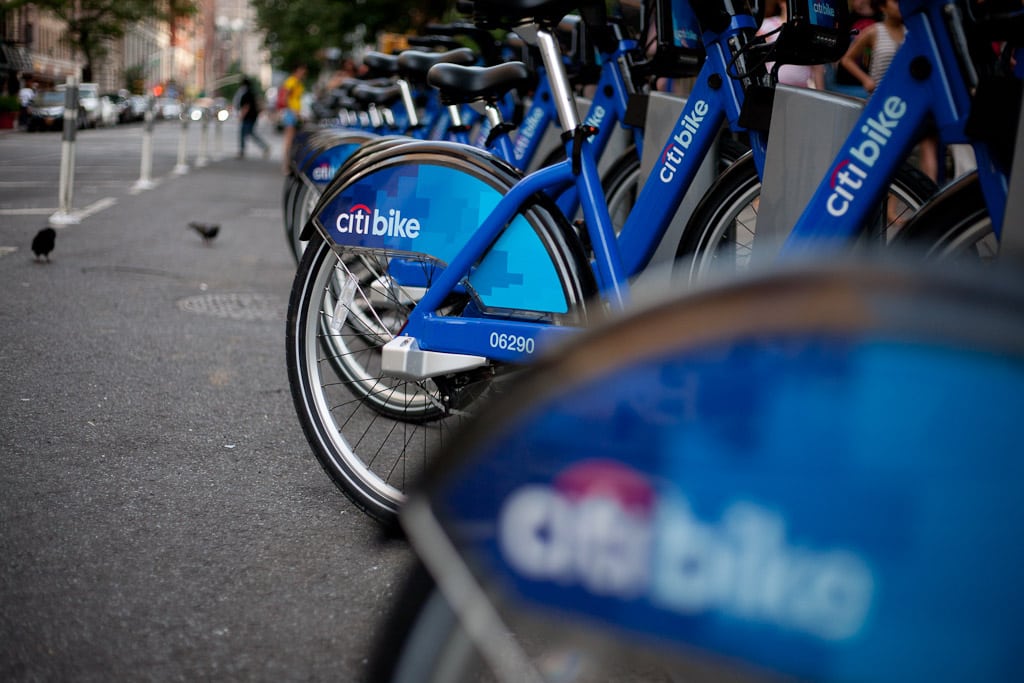 A full CitiBike station sits in New York City. 