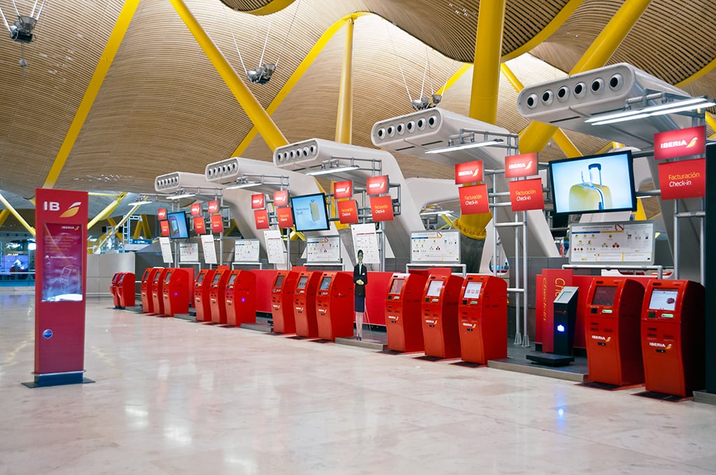 Iberia's automated check-in kiosks at Madrid's Barajas airport. 