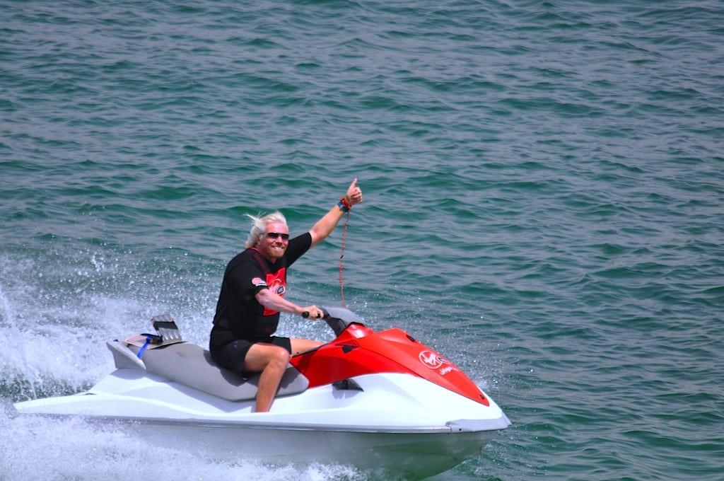 Richard Branson riders a Virgin-branded jet ski near Dubai. 