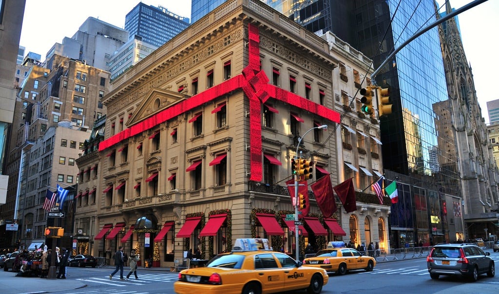 A ribbon wraps around the Cartier store on Fifth Avenue in Manhattan. 