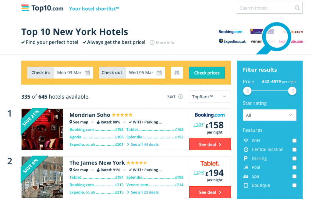 Top10.com, one of the curated hotel booking sites.