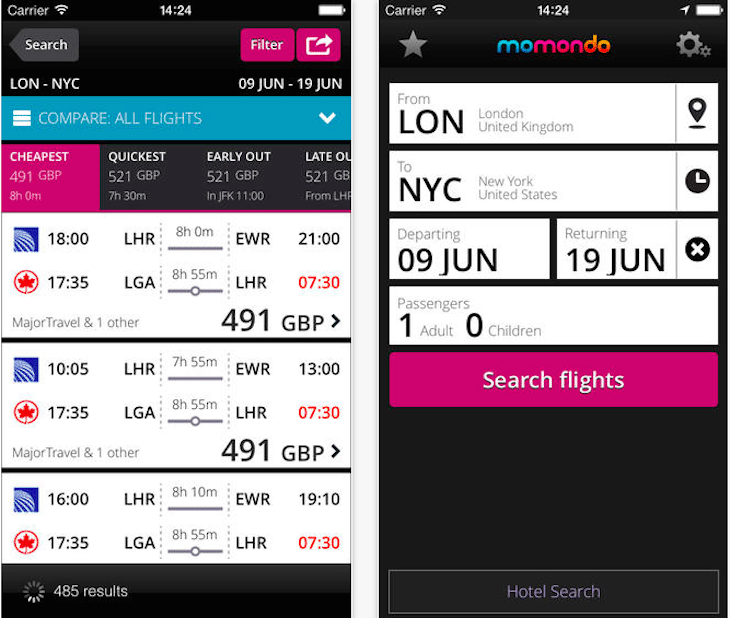 Momondo has spiced up its Android and iOS apps with a Friend Compass (not shown here) showing how much it costs to fly to the current locations of Facebook friends.