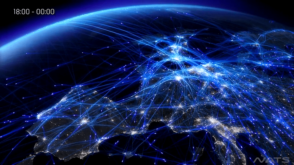 A data visualization of air traffic in Europe created from real flight data.