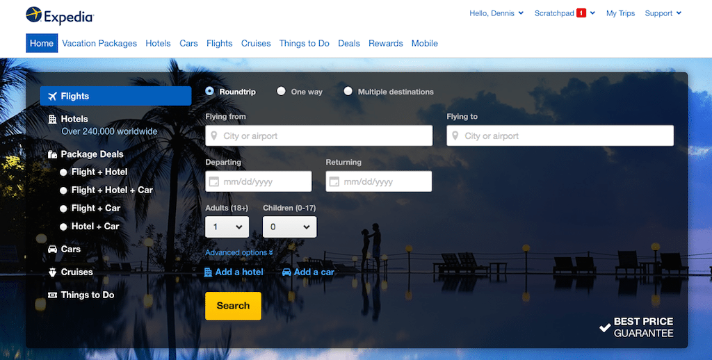 The new Expedia homepage is uncluttered, artsy, and geared for a nice user experience regardless whether the traveler is searching via a mobile device or desktop.