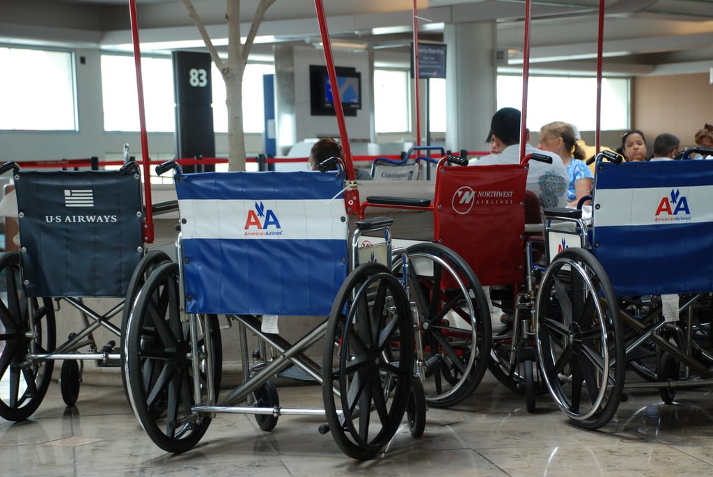 Wheelchairs at a gate at Orlando International Airport. 
