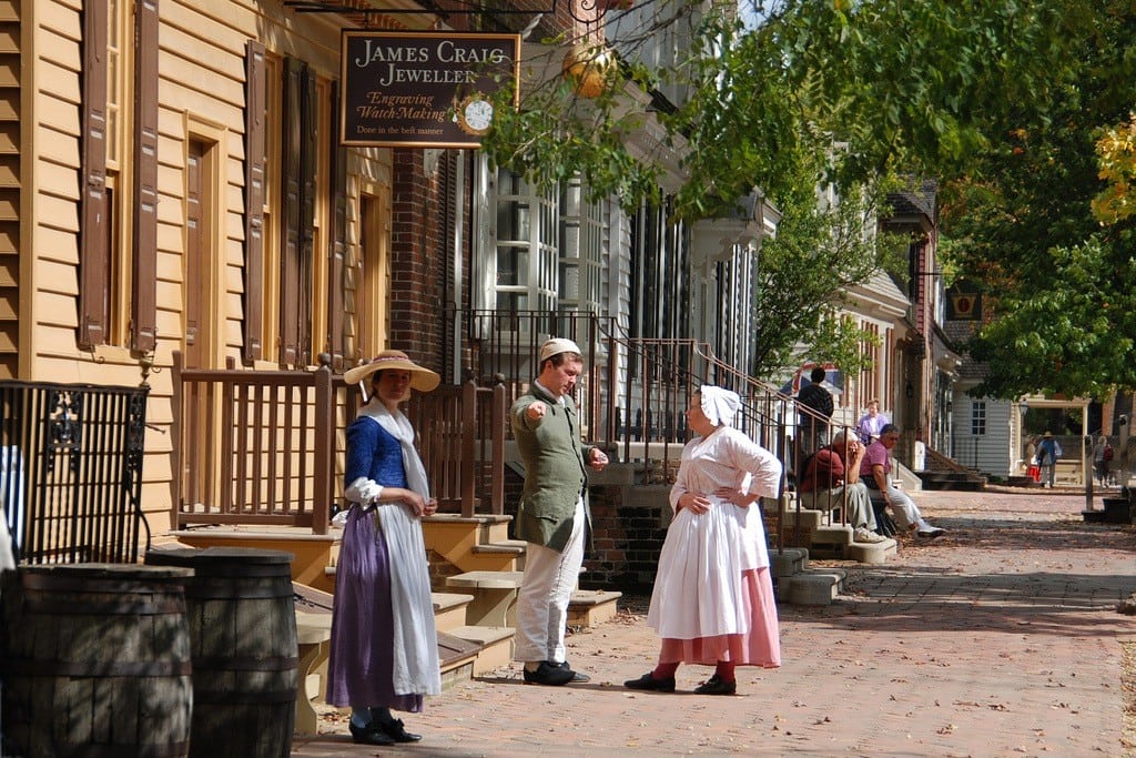 Actors mill about in Colonial Williamsburg, Virginia. 
