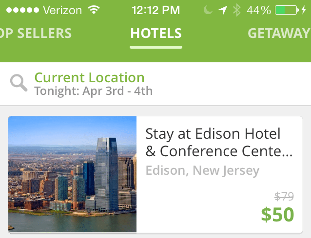 Groupon has added a distinct Hotels tab (not shown here) to its iOS and Android apps to better merchandise its hotel offerings.