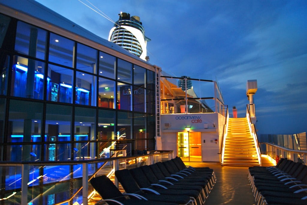 The Royal Caribbean logo on an Oasis of the Seas cruise ship.