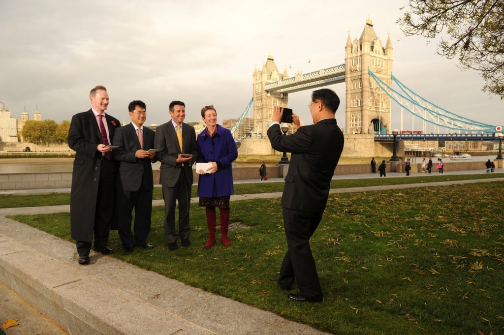 VisitBritain CEO Sandie Dawe stands with UK officials and Samsung representatives at the start of a Samsung and VisitBritain partnership in 2010. 
