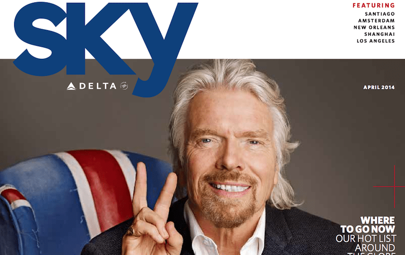 Richard Branson on the cover of the April edition of Sky Magazine.