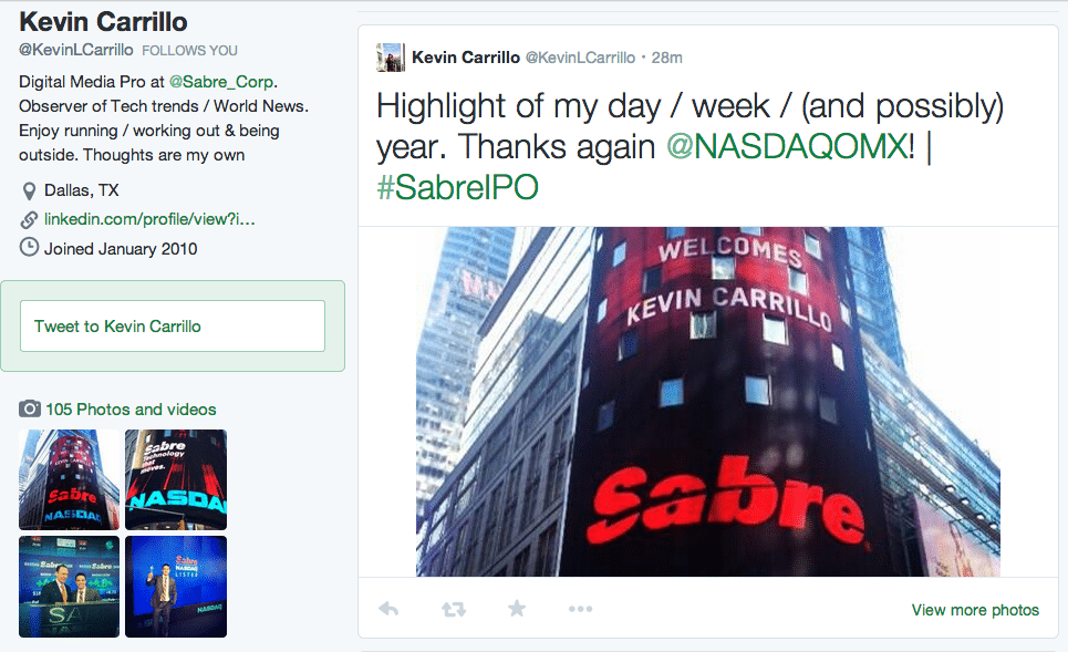 Sabre Corporation Digital Content Strategist Kevin Carrillo live tweets during the company's IPO this morning. 